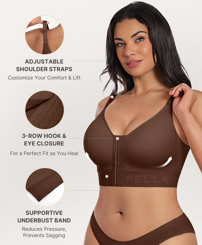 SHAPELLX Front Closure Bra with Compression Post Surgery Bras for Women Wireless Mastectomy Bras Comfortable Brown M