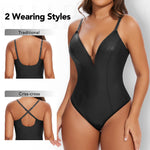 SHAPERIN Women's Deep V Neck Faux Leather Bodysuit Tummy Control Shapewear Thong Body Shaper Plunge Cami Corset Top (Medium,Black)