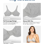 Fruit of the Loom Women's Unlined Underwire Bra - Cotton & Spandex Blend for Natural Shape and Flexibility, Blk/ White 86ck/ Grey Heather, 38DD