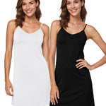 Qilitop 2 Packs Full Slip Spaghetti Strap Dresses for Women Under Dress Cami Halter Neck Tank Plus Size Slips No Static Adjustable Basic V Neck Sleeveless Nightgown Undergarment Black White M