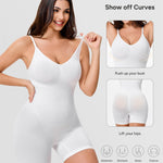 Nebility White Bodysuit Women - Seamless V Neck Shapewear Body Suits Smooth Fit Gong Out Wear Body Shaper Mid Thigh Shorts