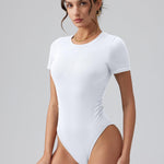 OQQ Women's Crew Neck Short Sleeve Bodysuit Ruched Stretch Vacation Basic for Tops Spring & Summer White