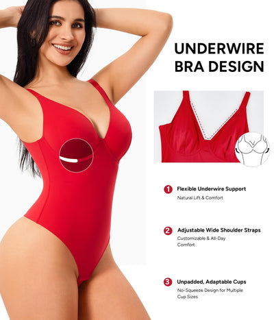 Nebility Shapewear Bodysuits for Women Tummy Control Body Shaper Deep V Neck Thong Body Suits (Red,Small)