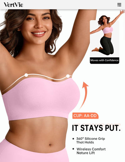 Vertvie Strapless Bra Wireless Non-Slip Push Up Bandeau Bras for Women Full Support Tube Tops Padded Bralette S-Large Breasts(Light Pink,Large)