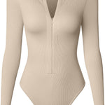OQQ Women's Bodysuit Tops Invisible Zip Long Sleeve Crew Neck Bodysuits