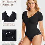 BRABIC Short Sleeve Shapewear Bodysuit for Women Tummy Control V Neck Backless Seamless Body Shaper(Black, Medium)