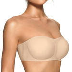 OEAK Womens Strapless Bras Push Up Bandeau Bra Non Slip Wireless Supportive Padded Bras Seamless Comfortable Tube Bra Beige L