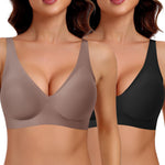Werena Jelly Wireless Bras for Women Deep V Push Up Everyday Bra No Underwire Supportive Plunge Seamless Tshirt Comfy Bralette (Black+Coffee,3XL)