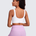 CRZ YOGA Butterluxe Womens U Back Sports Bra - Scoop Neck Padded Low Impact Yoga Clothes Workout Crop Top with Built in Pads White Medium