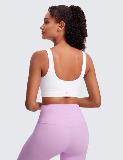 CRZ YOGA Butterluxe Womens U Back Sports Bra - Scoop Neck Padded Low Impact Yoga Clothes Workout Crop Top with Built in Pads White Medium