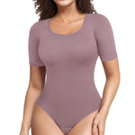 BRABIC Womens Bodysuit Shapewear for Tummy Control Seamless Sleeveless Tank Tops Body Shaper (Large, Purple Brown Short Sleeve)