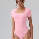 OQQ Women Bodysuits Ruched Short Sleeve Square Neck Stretch Lounge Travel Bodysuits Pink bean paste