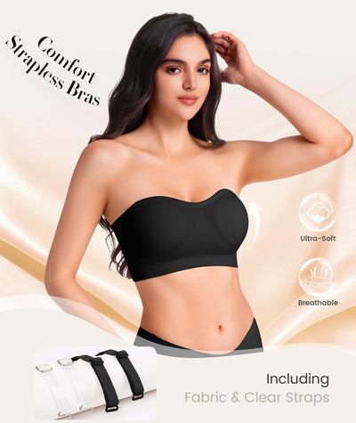 Finduself Strapless Bras for Women Non-Slip Wireless Bandeau Bra Seamless Padded Tube Top Bra Including Fabric & Clear Straps