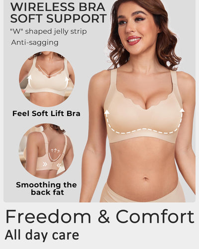 Gailife Scalloped Lift Bras for Women Soft Push Up Wireless Bra Supportive V Neck No Underwire Seamless Tshirt Bralettes, Skin, XL