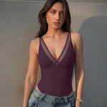 OQQ Women's Sexy V Neck Mesh Thong Bodysuit Tummy Control Bodysuits Top Darkpurple