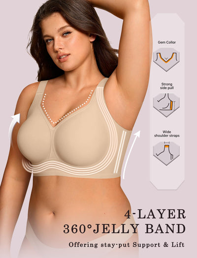 OEAK Womens Wireless Jelly Bra Plus Size Supportive Seamless Bras Full Coverage Push Up Comfortable No Underwire Tshirt Bras Creamy Beige L