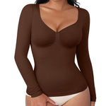 FeelinGirl Shapewear for Women Tummy Control Compression Tops Body Shaper Long Sleeve Shirts V Neck Shapewear Brown X-Small