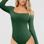 OQQ Women's 2 Piece Bodysuits Sexy Ribbed One Piece Square Neck Long Sleeve Tops Darkgreen Oatmeal