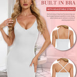 SLIMBELLE Shapewear Slips For Under Dress Deep V Neck Adjustable Strap Tummy Control Full Slip Seamless Shaper For Women White S