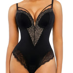 Popilush Shapewear Bodysuit Lace Corset Tummy Control Body Suits V Neck Thong Bodysuits Underwired Side Zipper Party Club Going Out Outfits Black