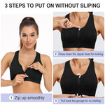 Women's Zip Front Sports Bra - Wireless, Post-Surgery, Padded, Racerback, Workout Gym Yoga Bras - 3 Pack (Large, Black+Grey+Light Blue)