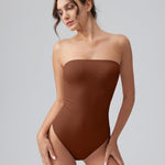 OQQ Womens Tube Bodysuits Strapless Basic Sleeveless Ruched Stretch Classic-Fit Tops Sexy Bodysuits Caramel