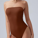 OQQ Womens Tube Bodysuits Strapless Basic Sleeveless Ruched Stretch Classic-Fit Tops Sexy Bodysuits Caramel
