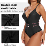 SHAPERIN Women's Deep V Neck Faux Leather Bodysuit Tummy Control Shapewear Thong Body Shaper Plunge Cami Corset Top (Medium,Black)