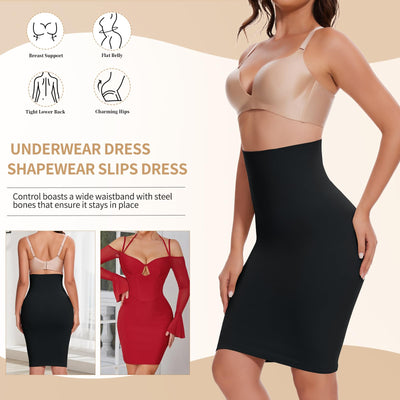 JOYSHAPER Half Slips Shapewear Skirt Under Dress Tummy Control High Waist Shapewear Half Skirt With Built In Thong Black L