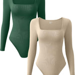 OQQ Women's 2 Piece Bodysuits Sexy Ribbed One Piece Square Neck Long Sleeve Tops