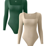OQQ Women's 2 Piece Bodysuits Sexy Ribbed One Piece Square Neck Long Sleeve Tops Darkgreen Oatmeal