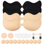 TEAWOO 4-Pack Cleavage Bra, Push Up Sticky Bra Set – Strapless Backless Invisible Adhesive Bras for Women D Cup Black/Nude