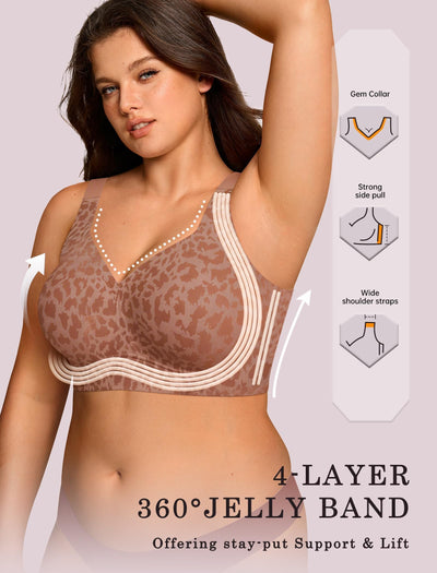 OEAK Womens Wireless Jelly Bra Plus Size Supportive Seamless Bras Full Coverage Push Up Comfortable No Underwire Tshirt Bras Brown Leopard 5XL