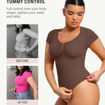 FeelinGirl Tummy Control Bodysuit V Neck Short Sleeve Soft Shapewear for All-Day Wear Butt Lift Thong Shaper for Going Out Dark Brown XS