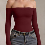 OQQ Bodysuits Womens Off-Shoulder Long Sleeve Seamless Shapewear Tops Darkred