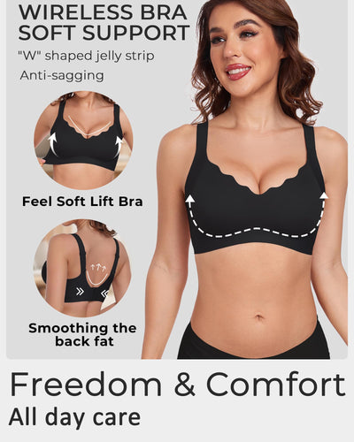 Gailife Scalloped Lift Bras for Women Soft Push Up Wireless Bra Supportive V Neck No Underwire Seamless Tshirt Bralettes, Black, L