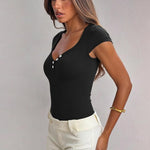 OQQ Women Bodysuit Short Cap Sleeves Tummy Control One Piece Going Out Tops