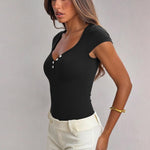 OQQ Women Bodysuit Short Cap Sleeves Tummy Control One Piece Going Out Tops Black