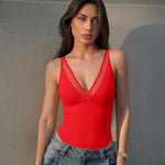 OQQ Women's Sexy V Neck Mesh Thong Bodysuit Tummy Control Bodysuits Top Red