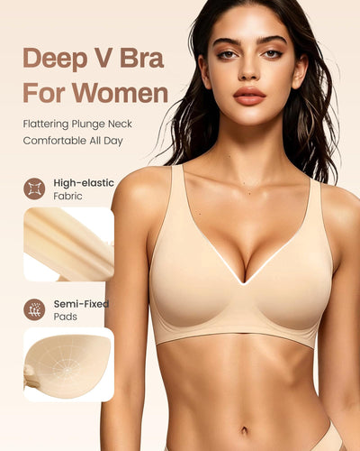 Gailife Deep V Jelly Bras for Women No Underwire Wireless Seamless Push Up Bra Comfort Support Plunge Bralette Full Coverage -BK/ND,3XL