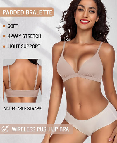 Wenera Triangle Bralette Wireless Padded Pull On Plunge Bra(Nude) | Removable Thin Pads, Soft Support, No Underwire, Seamless, Sexy Low Cut V Neck Lingerie for Everyday