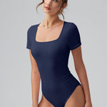 OQQ Women Bodysuits Ruched Short Sleeve Square Neck Stretch Lounge Travel Bodysuits Nave blue