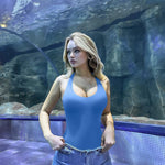 OQQ Women Halter Neck Bodysuits 2 Pack Sleeveless Shapewear One Piece Leotard Shirt Going Out Tops Grey Seasideblue