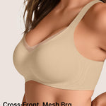 Vertvie Wireless Bras Women Seamless Jelly Supportive Mesh Crossover Bra No Underwire Push Up Full Coverage T-Shirt Bralette(Semolina,Large)