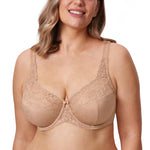 DELIMIRA Women's Plus Size Full Coverage Underwire Unlined Minimizer Lace Bra Natural 36E