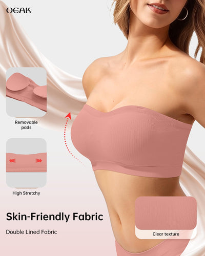 OEAK Supportive Strapless Bras for Women Push Up Wireless Bandeau Bra Non Slip Seamless Bras Comfortable Padded Bralette Dusty Pink M