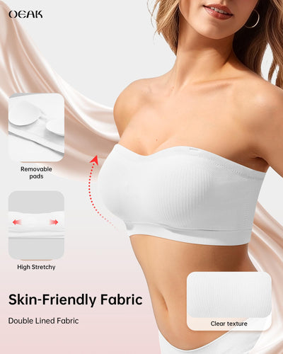 OEAK Supportive Strapless Bras for Women Push Up Wireless Bandeau Bra Non Slip Seamless Bras Comfortable Padded Bralette White M