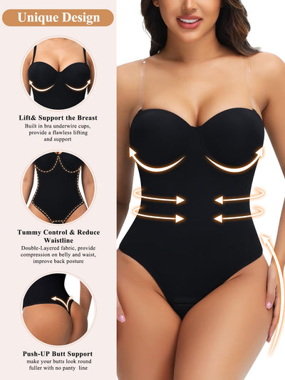 JOYSHAPER Strapless Shapewear Bodysuit for Women Tummy Control Low Back Body Shaper Thong Body Suits Tops with Built-in Bra
