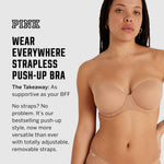 Victoria's Secret Pink Wear Everywhere Strapless Push Up Bra, Padded, Adjustable Straps, Beige, (34C)