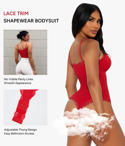 Nebility Bodysuits for Women Lace Bodysuit Thong Shapewear Tummy Control Sleeveless Going Out Cami Tank Tops Body Suit (Red, Small)